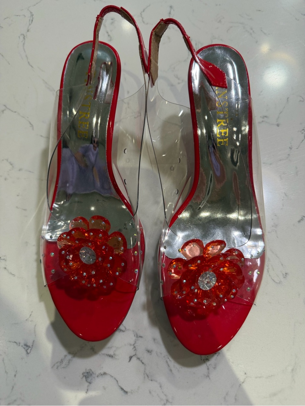 Clear Slingback Wedge Sandals with Red Floral Accent - Women